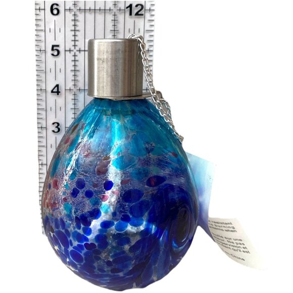 Hand Blown Art Glass Oil Lamp Blue & Purple Swirl with Silver Cap - Picture 4 of 9